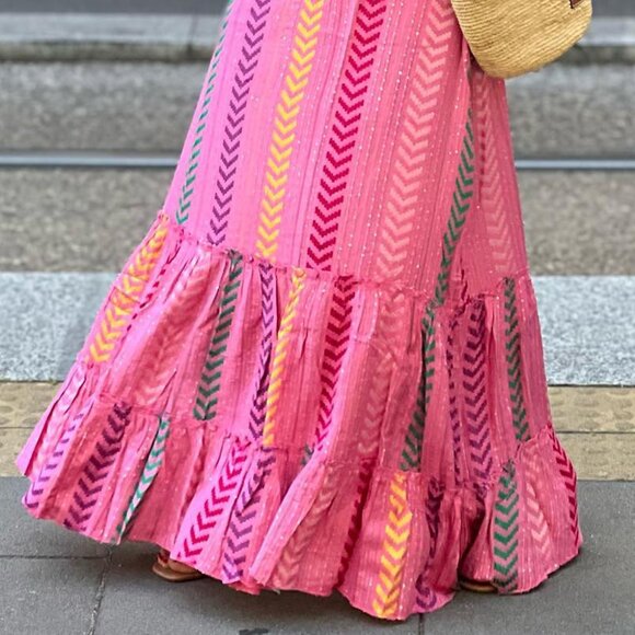 Pink Boho Printed Tasseled Drawstring Ruffled Maxi Skirt - Picture 3 of 10